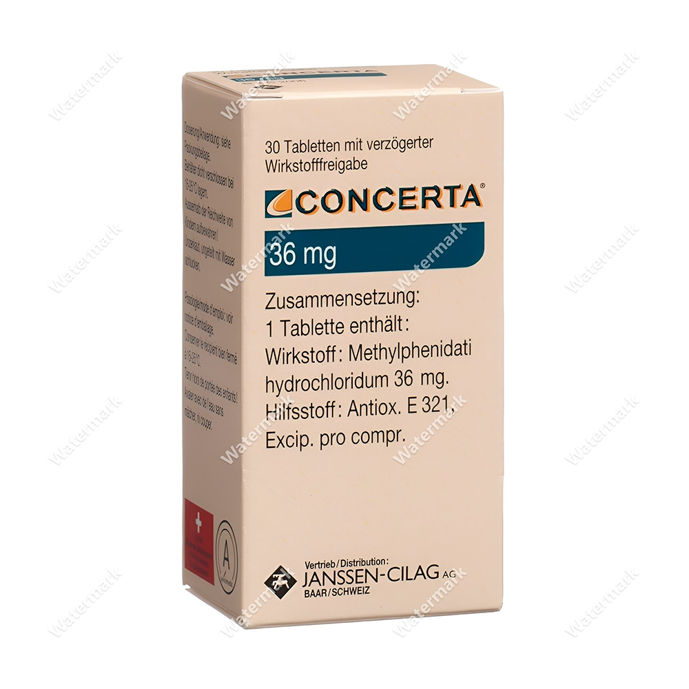 Белый пластиковый аптечный флакон лекарства Концерта (CONCERTA / действующее вещество метилфенидат гидрохлорид). Этикетка флакона содержит название CONCERTA C, указание Extended-Release Tablets (таблетки пролонгированного высвобождения), дозировку 18 мг на желтом фоне, количество 100 Tablets и код NDC 50458-585-01. Указано 'Rx only' (отпуск по рецепту) и производитель Janssen. На этикетке изображена таблетка с маркировкой alza 18.