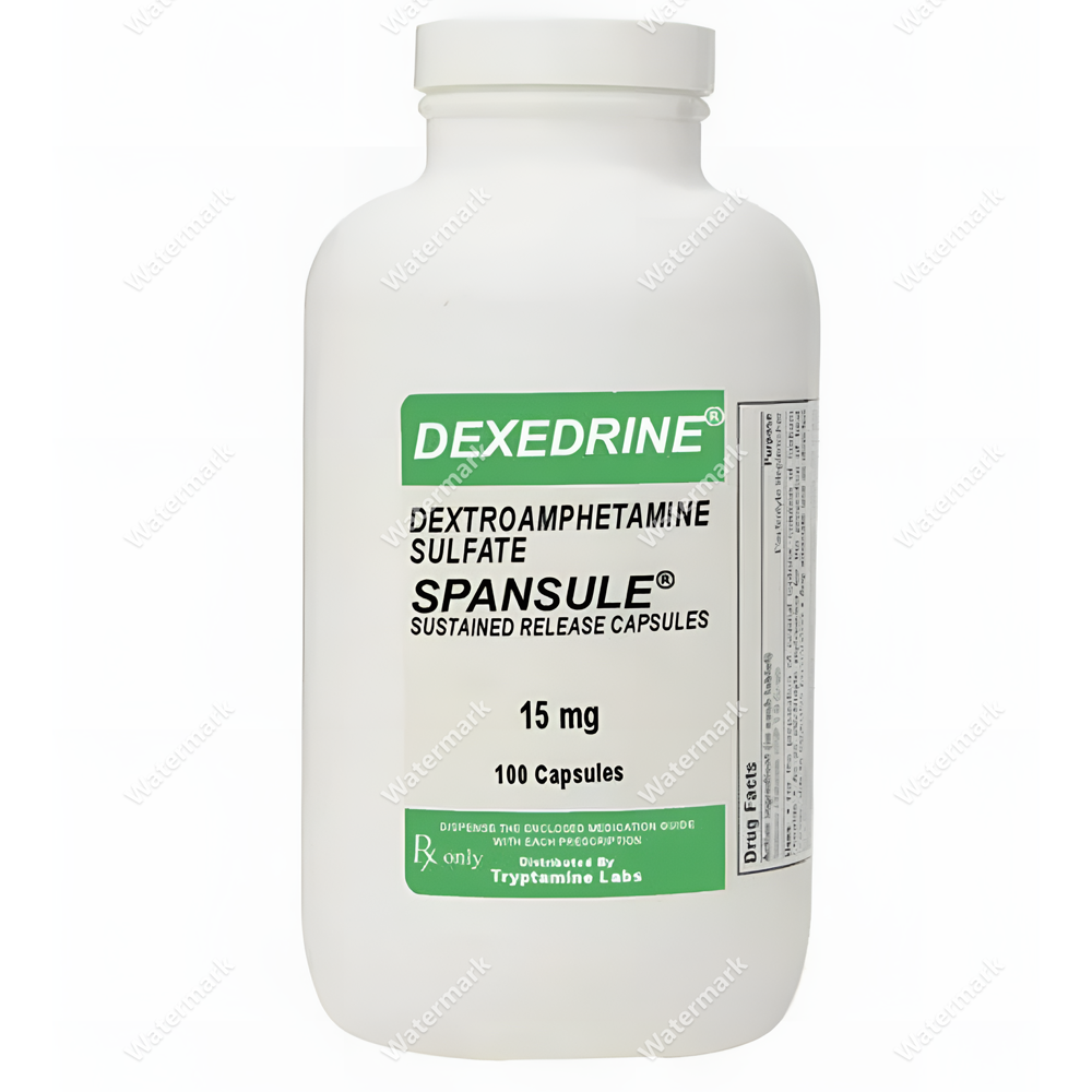 Аптечный флакон Dexedrine Spansule (Декседрин Спансула) в дозировке 15 мг. На этикетке указано Sustained Release Capsules (капсулы пролонгированного действия), количество — 100 штук. Дистрибьютор Tryptamine Labs.