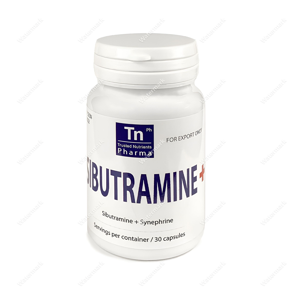 елый пластиковый флакон препарата Sibutramine+ от производителя Tn Pharma. На этикетке указано сочетание действующих веществ: сибутрамин и синефрин (Sibutramine + Synephrine). Упаковка рассчитана на 30 капсул.