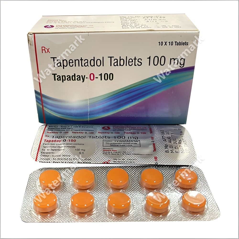 Упаковка Tapaday-O-100 (Тапентадол) 100 мг — коробка на 100 таблеток (10 блистеров по 10 штук) и оранжевые круглые таблетки, мощный анальгетик центрального действия